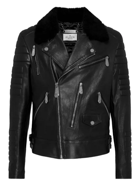 Philipp Plein leather biker jacket with shearling collar Black FAECMLB1981PLE010N
