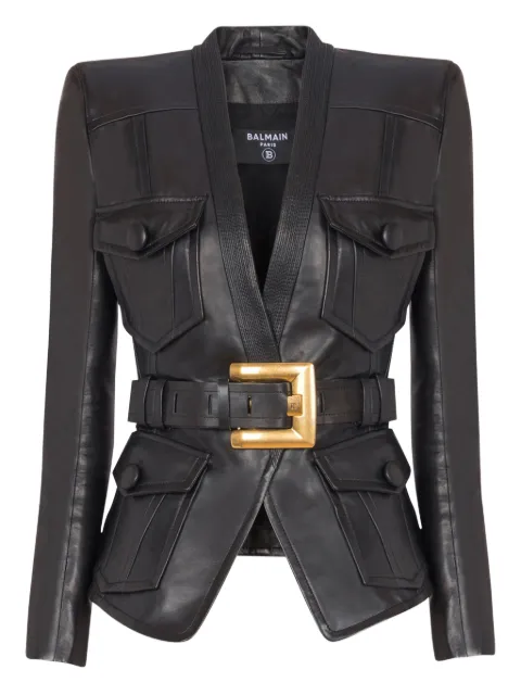 Balmain 1-button belted leather jacket Black FF1SI630LD63