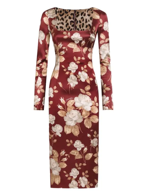 Dolce & Gabbana midi rose-print square-neck dress Brown F6TYGTFSIB8