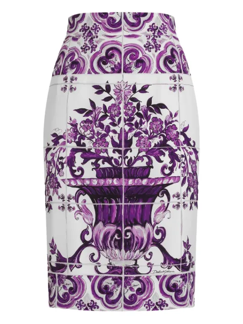 Dolce & Gabbana Maiolica-print silk pencil skirt White F4C2CTHPABW