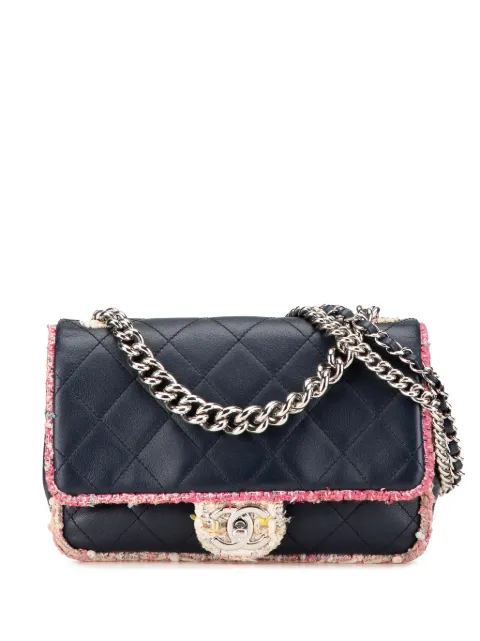 CHANEL Pre-Owned 2019 Quilted Lambskin and Tweed Elegant Trim Flap satchel Blue V6F87U2L54KMKP5X