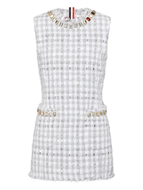 Thom Browne gingham satin Ribbon tweed mini pencil dress with swarovski crystal Grey FDR083EF1006