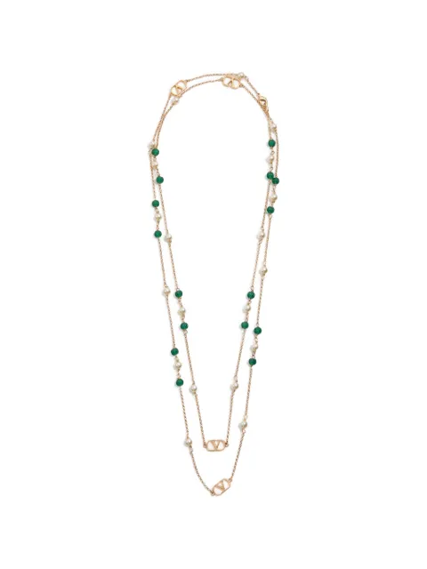 Valentino Garavani Vlogo Signature long necklace in metal pearls and knurled glass Gold WJ0AL1IKX
