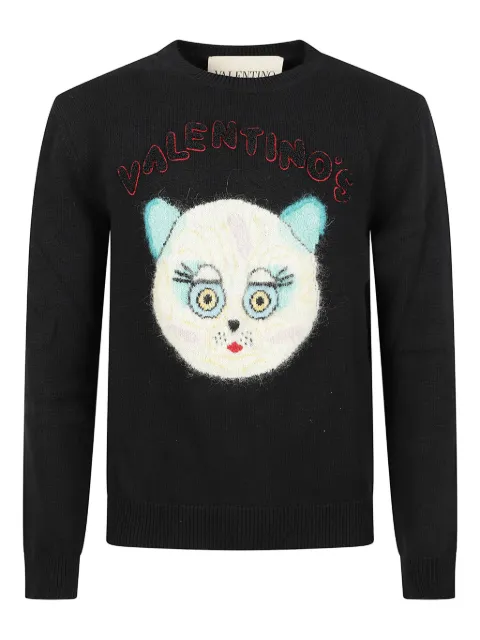 Valentino Garavani intarsia-knit cat-motif sweater Black VKC35IB2V