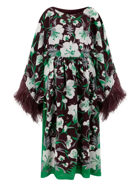 Valentino Garavani feather-trim floral dress Brown BVAUQ2773