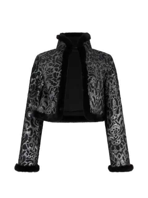 Moschino damask-pattern faux-fur-trim jacket Black A37016673