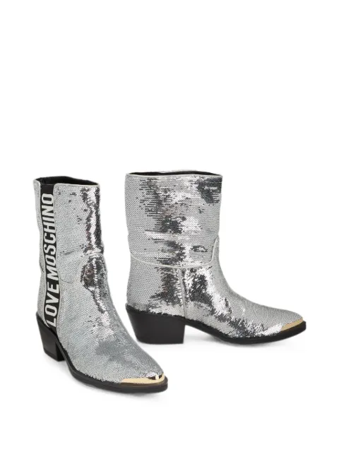 Moschino sequin-embellished logo-print boots Silver 1415G0BJX