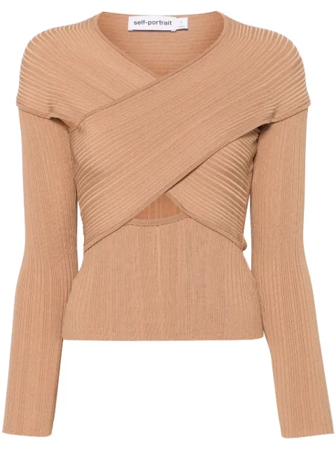 Self-Portrait ribbed wrap top Brown SS25166TBG