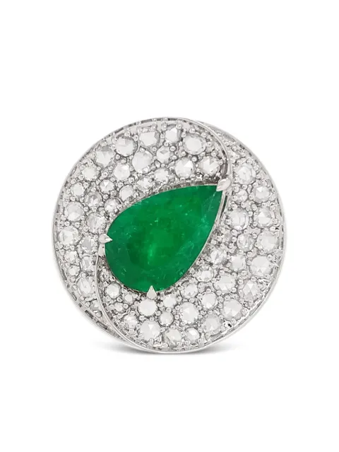 HYT Jewelry 18kt white gold emerald and diamond cocktail ring Silver R718HR