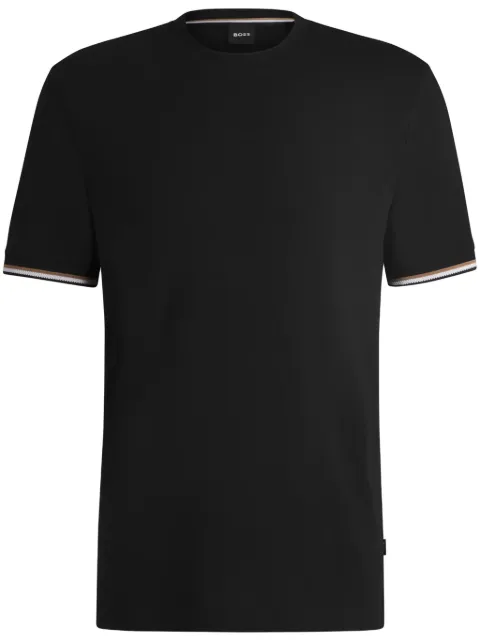 BOSS cotton-jersey T-shirt with signature-stripe cuffs Black 50501097