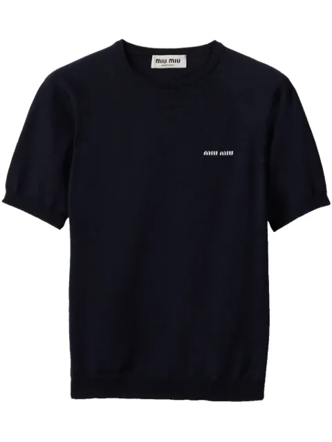 Miu Miu logo-intarsia T-shirt Blue MMLA63SOOO16WJ