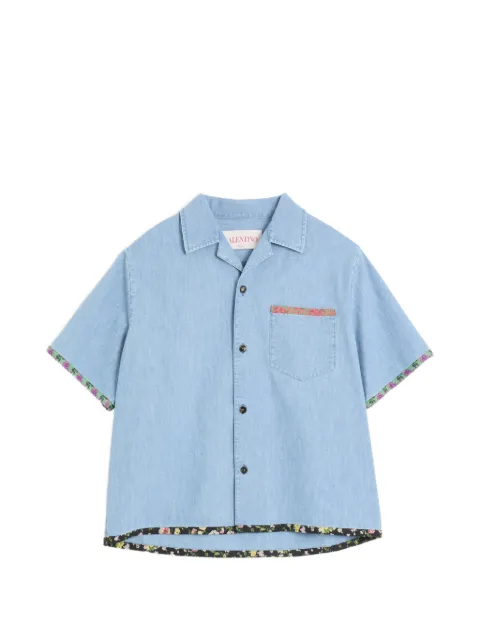 Valentino Garavani denim bowling shirt with floral print trim Blue VDB04LALM