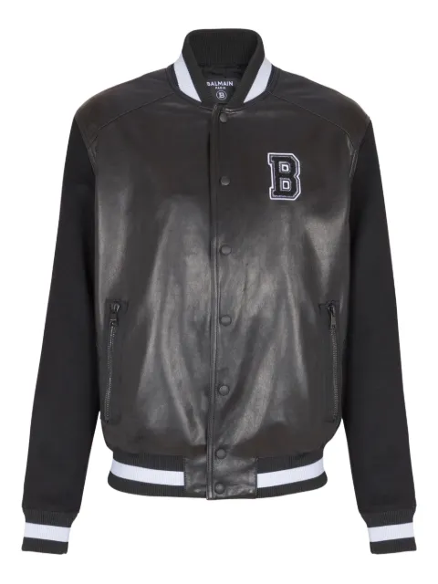 Balmain varsity leather bomber jacket Black FH1TF995MH22