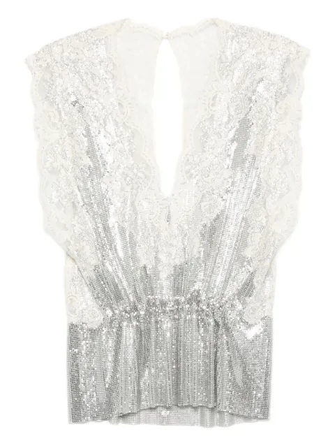 Rabanne lace-insert mesh gathered-waist top Silver 25AITO132MH0004