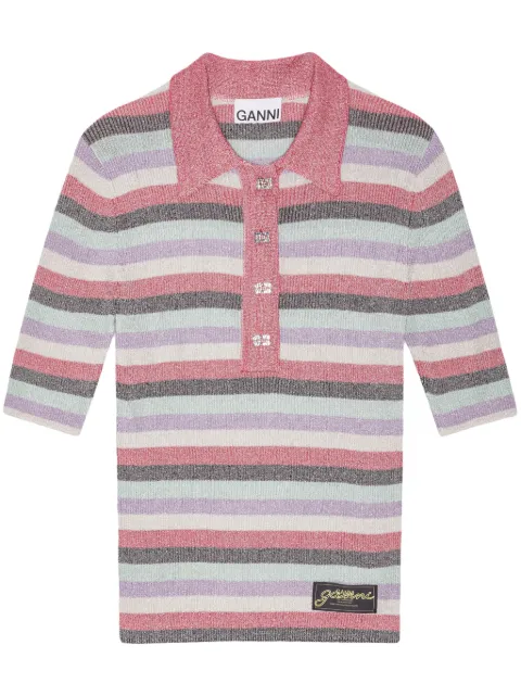 GANNI striped lurex-knit polo shirt Pink K2480