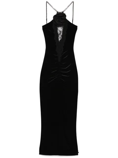 NISSA floral-appliqué velvet midi dress Black RS15439