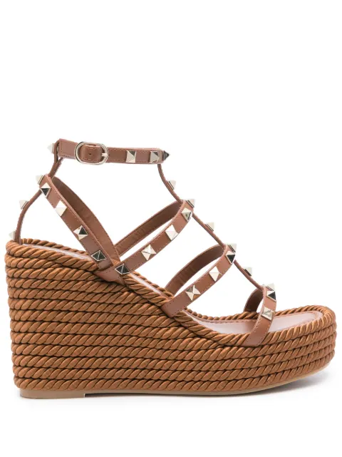 Valentino Garavani Rockstud ankle strap wedge sandal in calfskin leathers 95 mm Brown WS0F95BAE