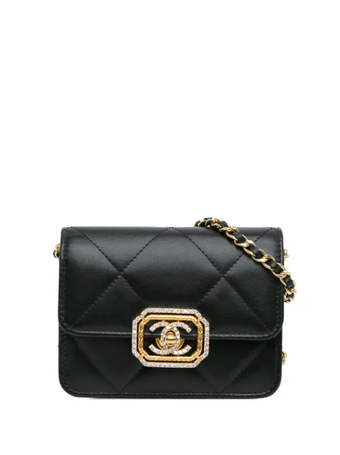CHANEL Pre-Owned 2021-2024 Quilted Calfskin Strass Card Holder On Chain crossbody bag Black 24KWQ63JM2HOMR0L