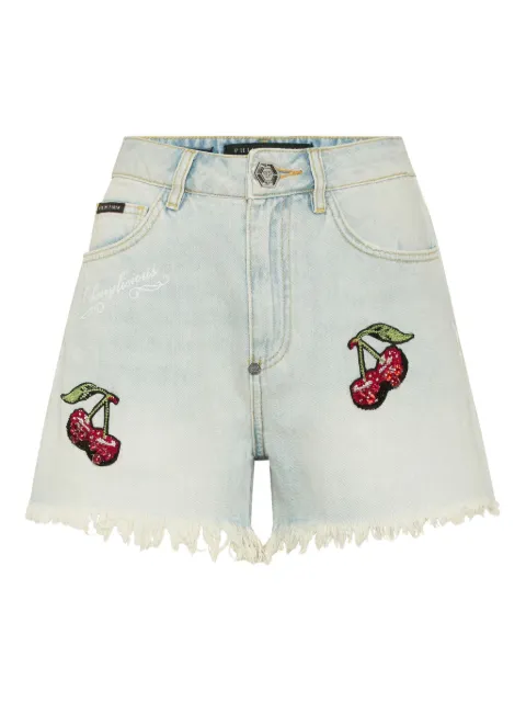 Philipp Plein cherry-embroidery denim shorts Blue PAECWDT2780PDE004N