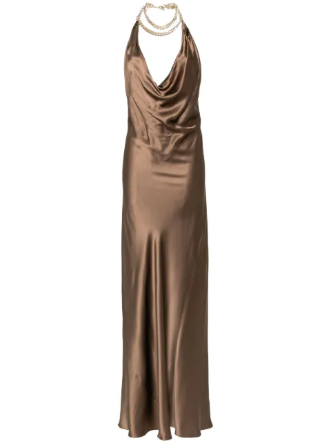 Michelle Mason draped halterneck dress Brown M9384