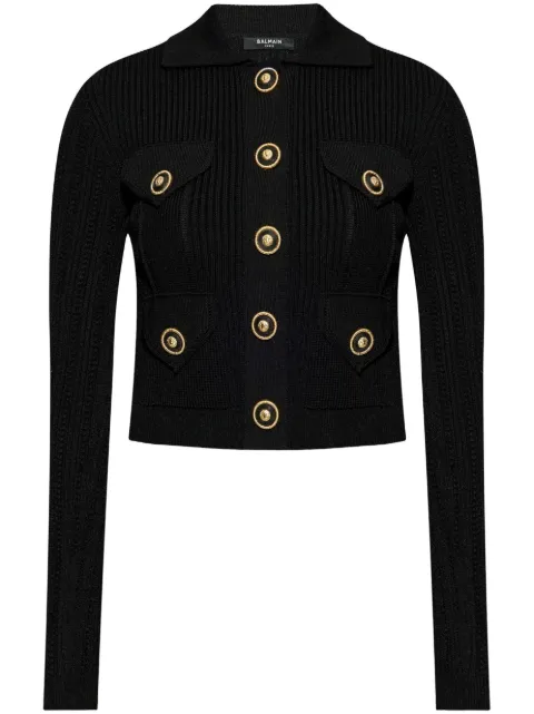 Balmain openwork-detailed ribbed-knit cardigan Black EF1KL150KI10