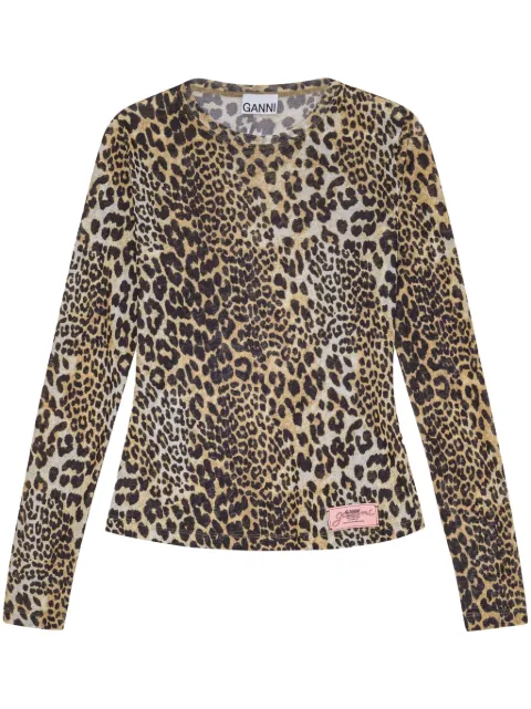 GANNI leopard printed mesh long-sleeve blouse Brown T4208