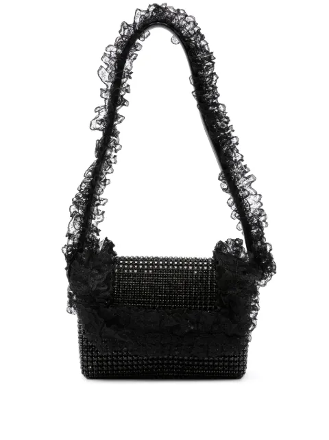 Self-Portrait crystal-embellished lace-detail shoulder bag Black SS25CK301B