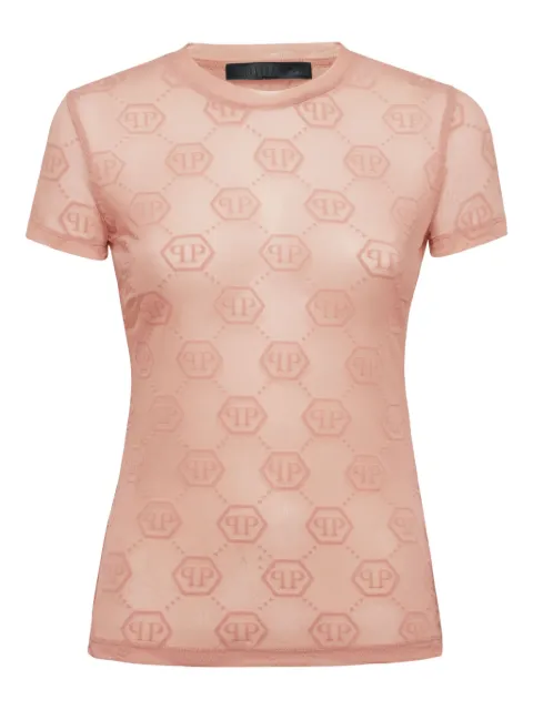 Philipp Plein monogram-pattern tulle T-shirt Neutrals PAECWTK3610PTE003N