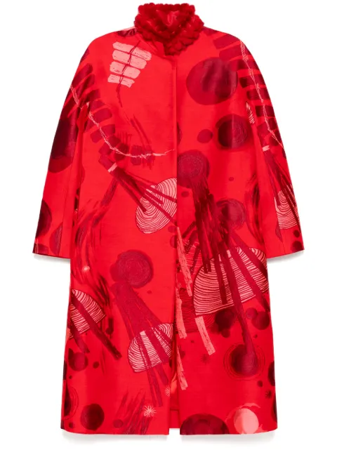SHIATZY CHEN mink fur-collar jacquard coat Red 641427