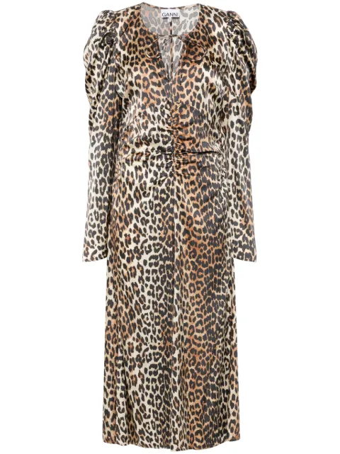 GANNI leopard-print ruched midi dress Brown W0330