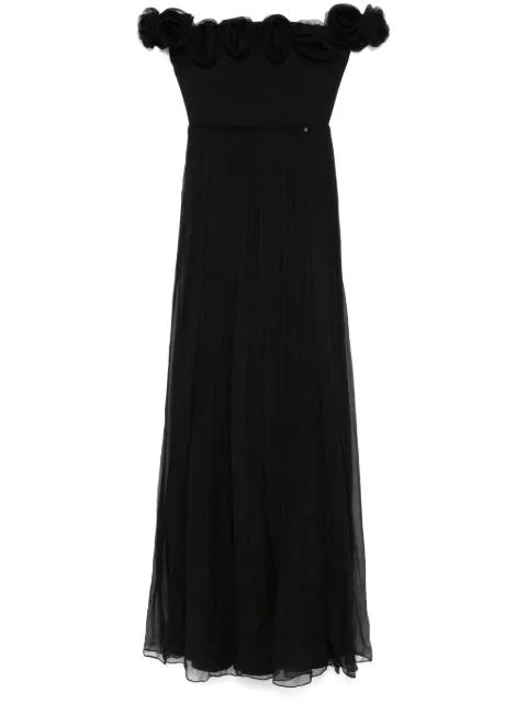 NISSA floral-appliqué silk maxi dress Black RS15556