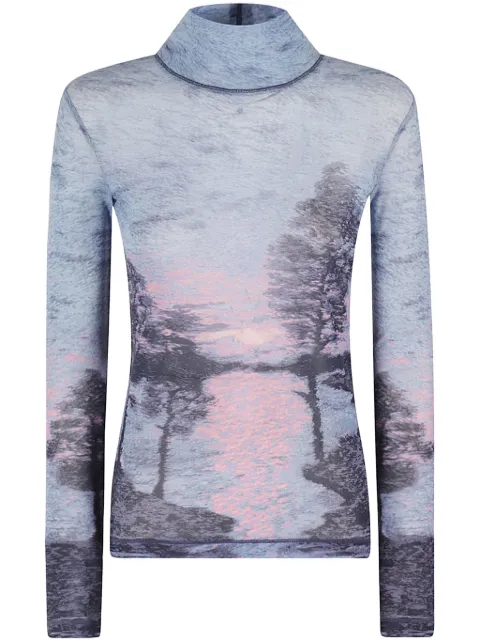 Maison Kitsuné landscape-print mesh high-neck top Grey NW00417KJ0122095