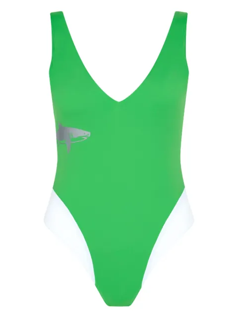 Let's Swim plunging V-neck shark-print swimsuit Green LSW019SS