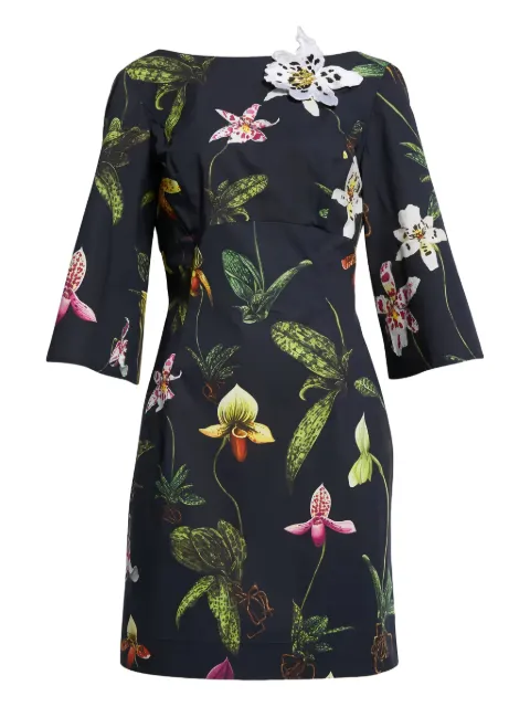 Oscar de la Renta orchid-print bell-sleeve mini dress Blue 25RE216ORC