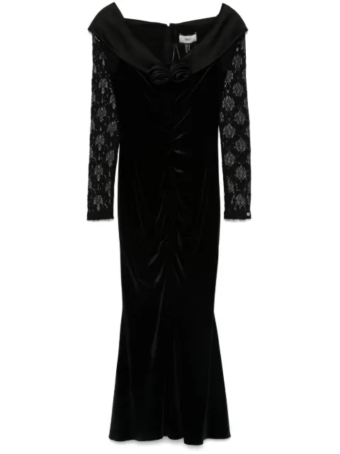 NISSA floral-appliqué velvet midi dress Black RS15368BLACK