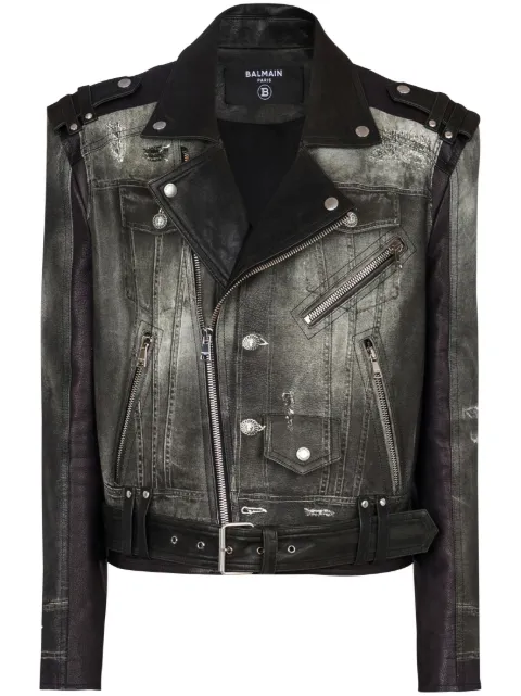Balmain trompe l'oeil-print leather jacket Black EH1TD507LD79