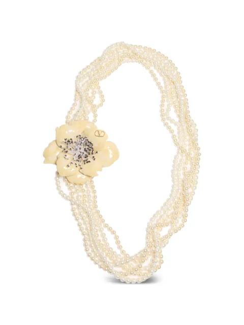 Valentino Garavani Fleur Lumineuse necklace in metal, enamel, pearls and fabric Neutrals WJ0Y47KFH