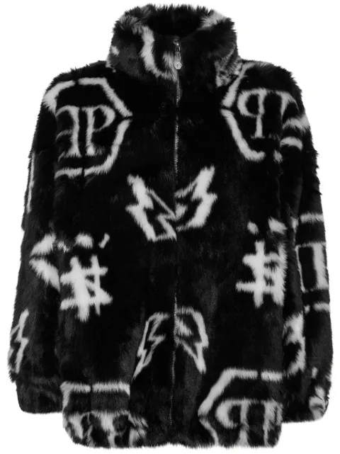 Philipp Plein monogram-print faux fur coat Black LABCWRB0904PTE003N