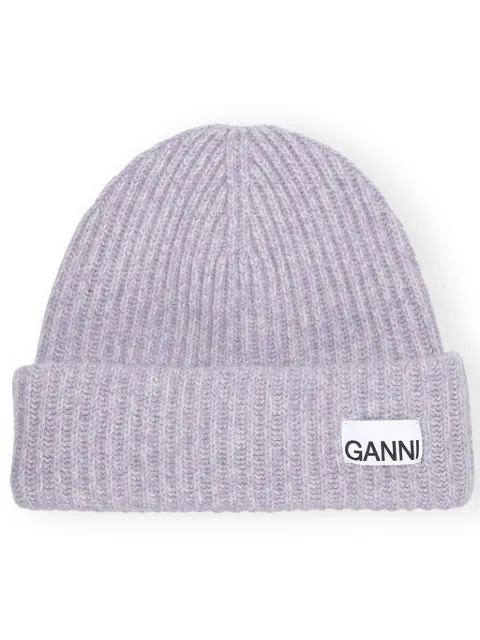 GANNI logo-patch ribbed knit beanie Purple A6439
