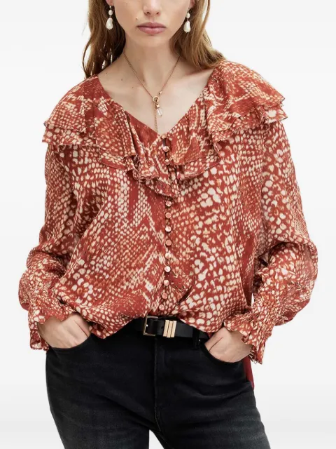 AllSaints Phoebe ruffle-detail snake-print top Red WM551Z