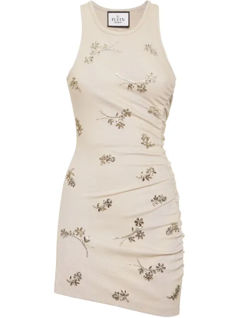 Philipp Plein floral-embellishment ribbed mini dress Grey SAECWRG3301PJY002N