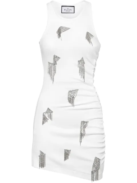 Philipp Plein fringe-detail ribbed mini dress White SAECWRG3300PJY002N
