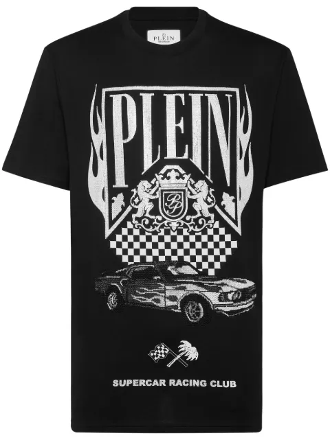 Philipp Plein Strass Flame Racing T-shirt Black SAECMTK8078PJY002N