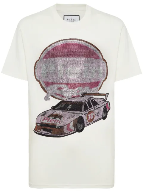 Philipp Plein Strass Cars Racing T-shirt White SAECMTK8061PJY002N