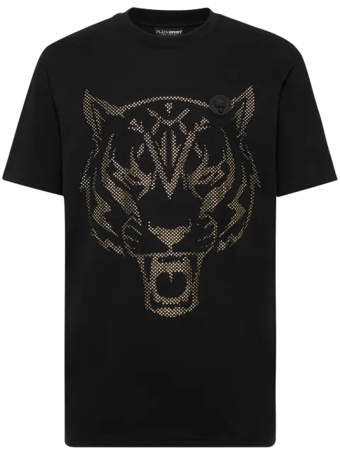 Plein Sport tiger-print logo-patch T-shirt Black SAECMTK8009STE001N