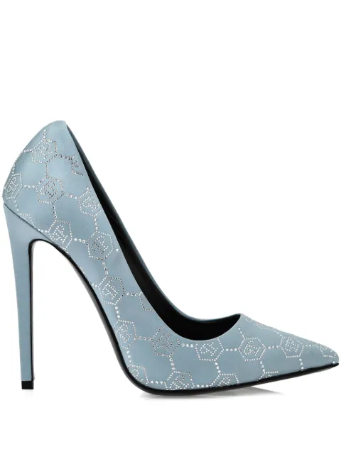 Philipp Plein satin Decollete hi-heels monogram strass Blue SAESWSD0612PTE028N