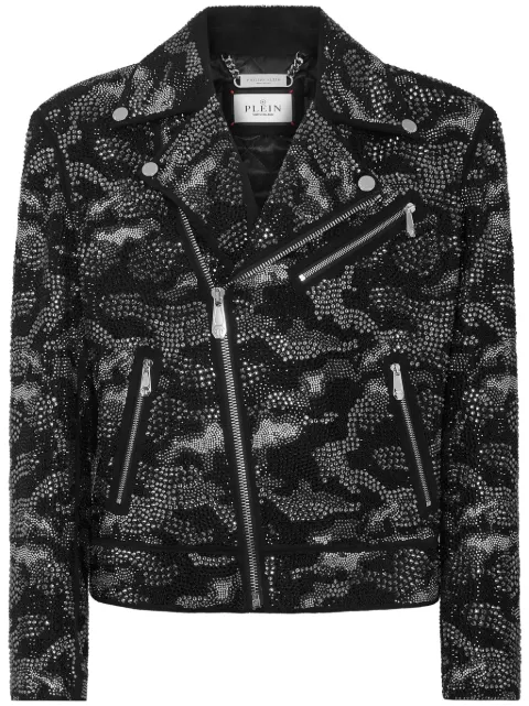 Philipp Plein strass leather biker jacket camouflage Black SAECMLB1883PLE009N