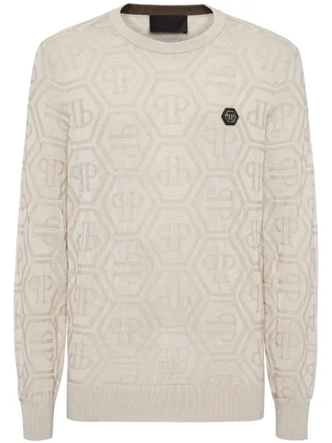 Philipp Plein jacquard silk wool pullover round neck LS monogram Neutrals SAECMKO1387PKN002N