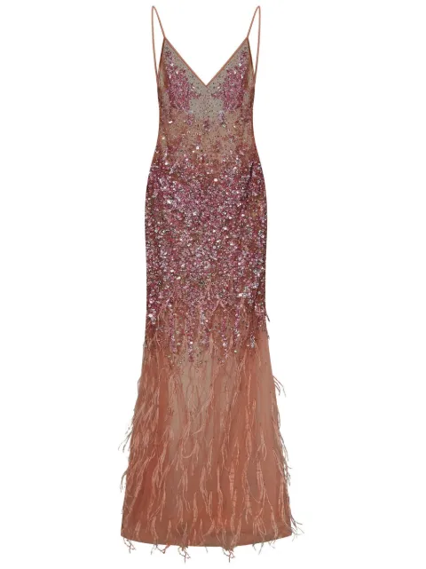 ROOM76 sequin-feather embellished v-neck dress Pink FRAS24503