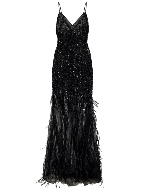ROOM76 sequin-feather embellished v-neck dress Black FRAS24503